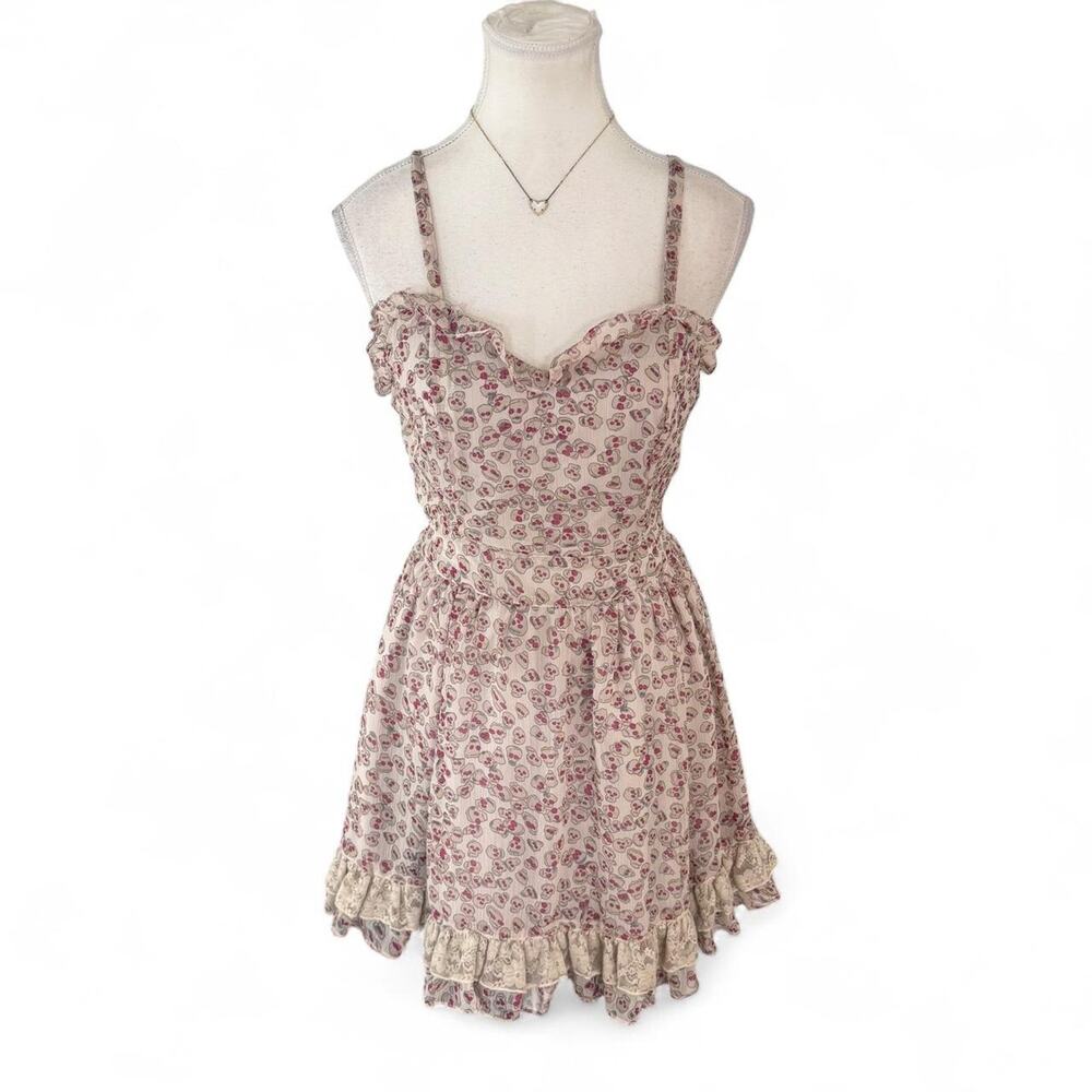 Tripp NYC Skull Silk Baby Doll lace tie back mini dress size M fairy alt dress